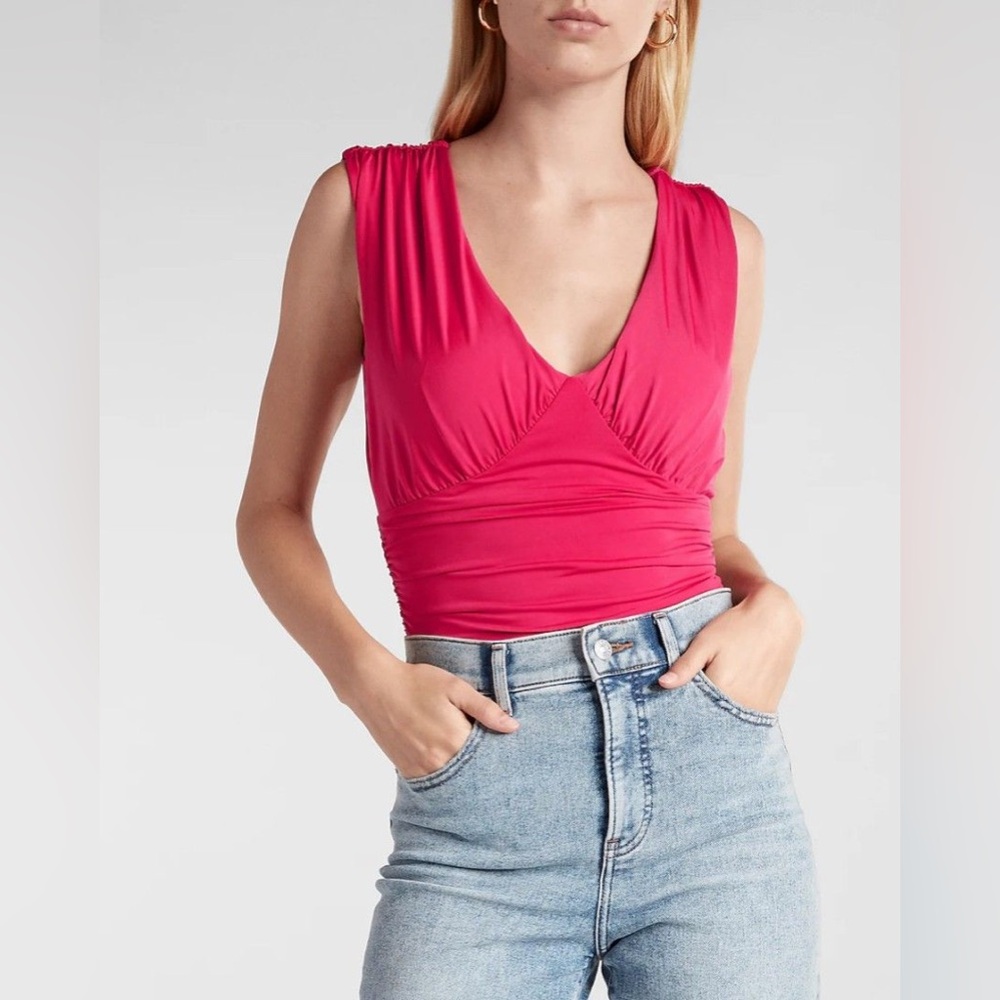 Express Body Contour Shirred Empire V Neck Hot Pink Bodycon Body Suit Blouse S